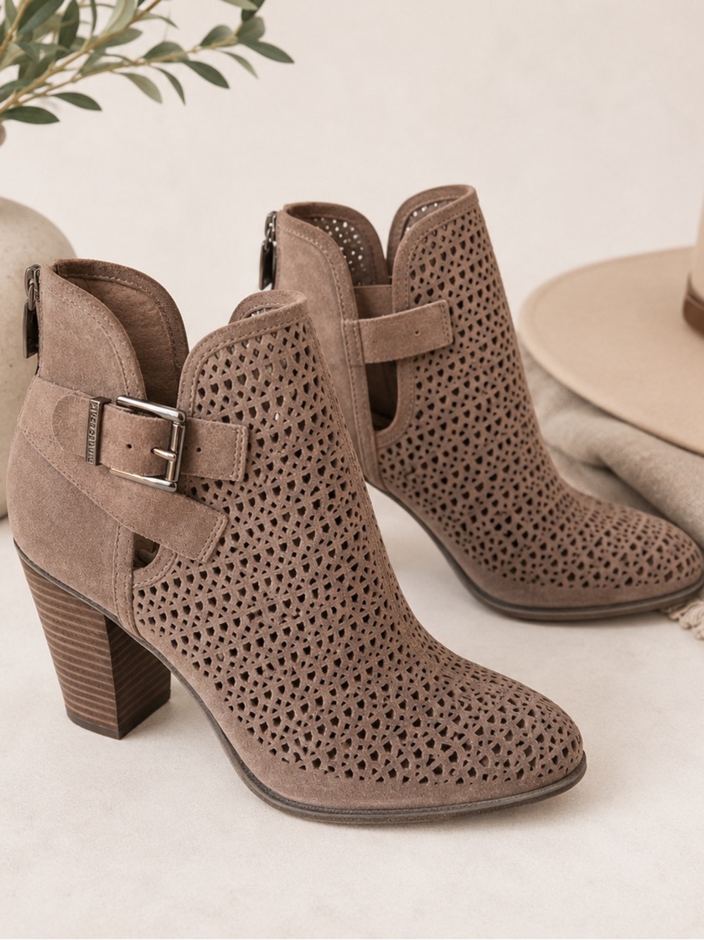 Vince Camuto Perforated Suede Ankle Booties Buckle Heel Boots NWT Size 9 Taupe